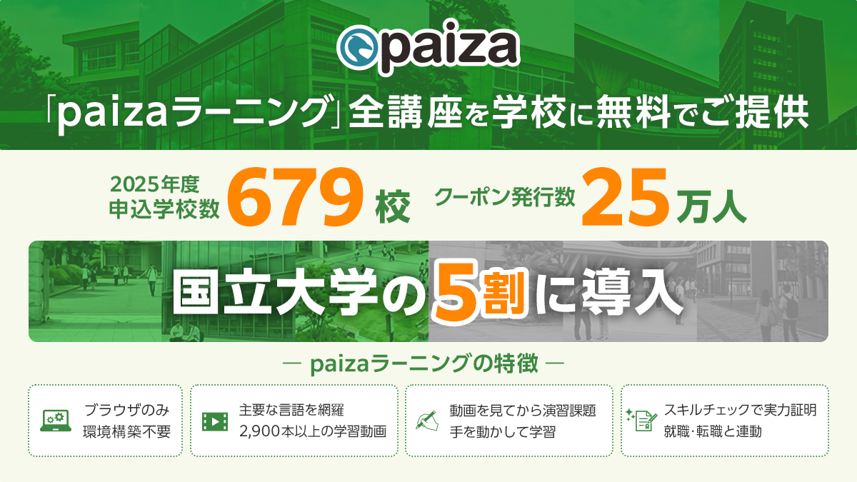 国立大学の導入率5割超え。paizaラーニング 学校フリーパス2025年度の
